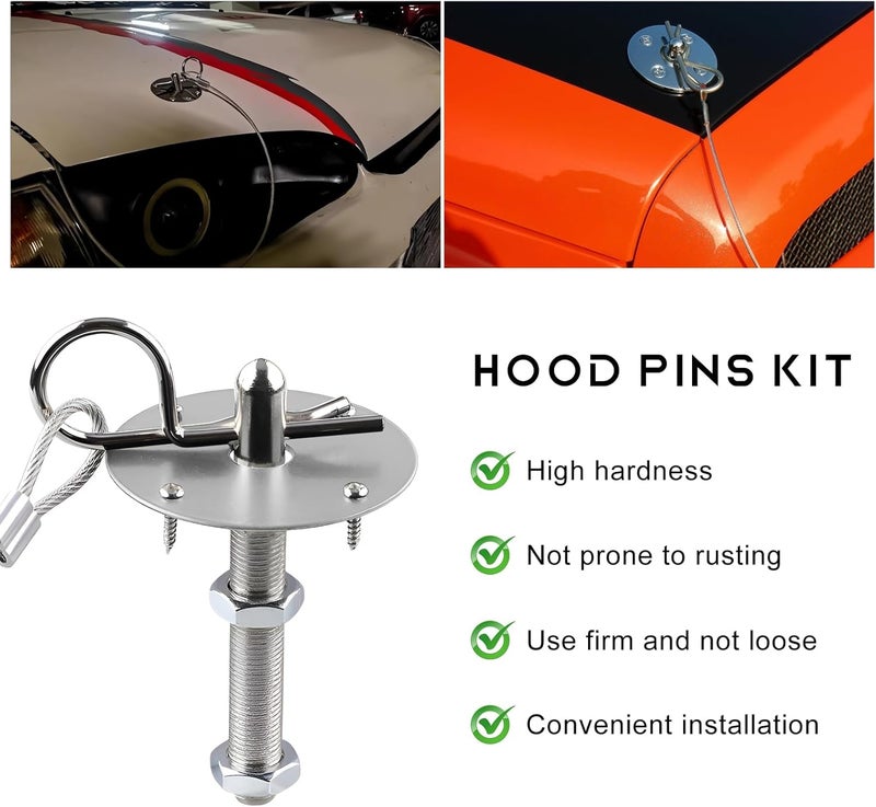 NYTKL 2 PCS Stainless Steel Car Hood Pins Kit, Quick Release Hood Cover Pin Lock Appearance Kit with Racing Lanyard, Universal Engine Bumper Bonnet Pin for Cars Trucks SUVs (Silver) - Image 3